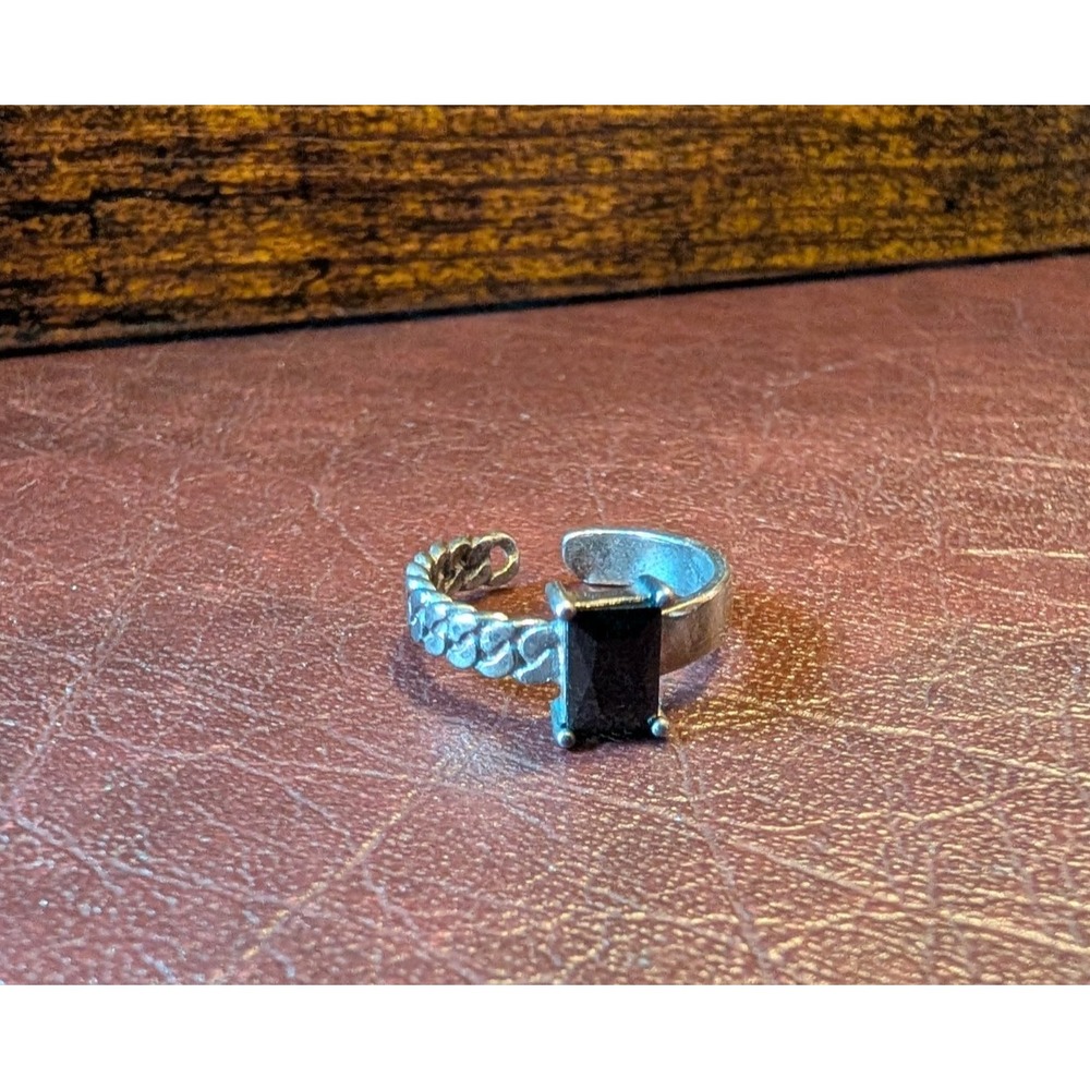 Size 6 Black Rectangle Stone Asymmetrical Sterling Silver‎ 925 Ring Free Size